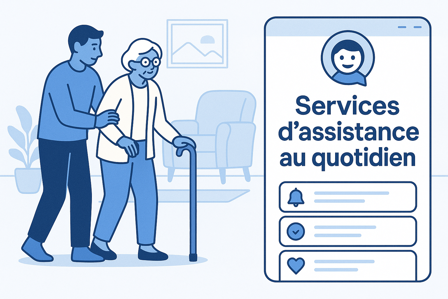 Services d’assistance au quotidien à domicile et virtuels Illustration de services d'assistance à domicile et assistant virtuel au quotidien